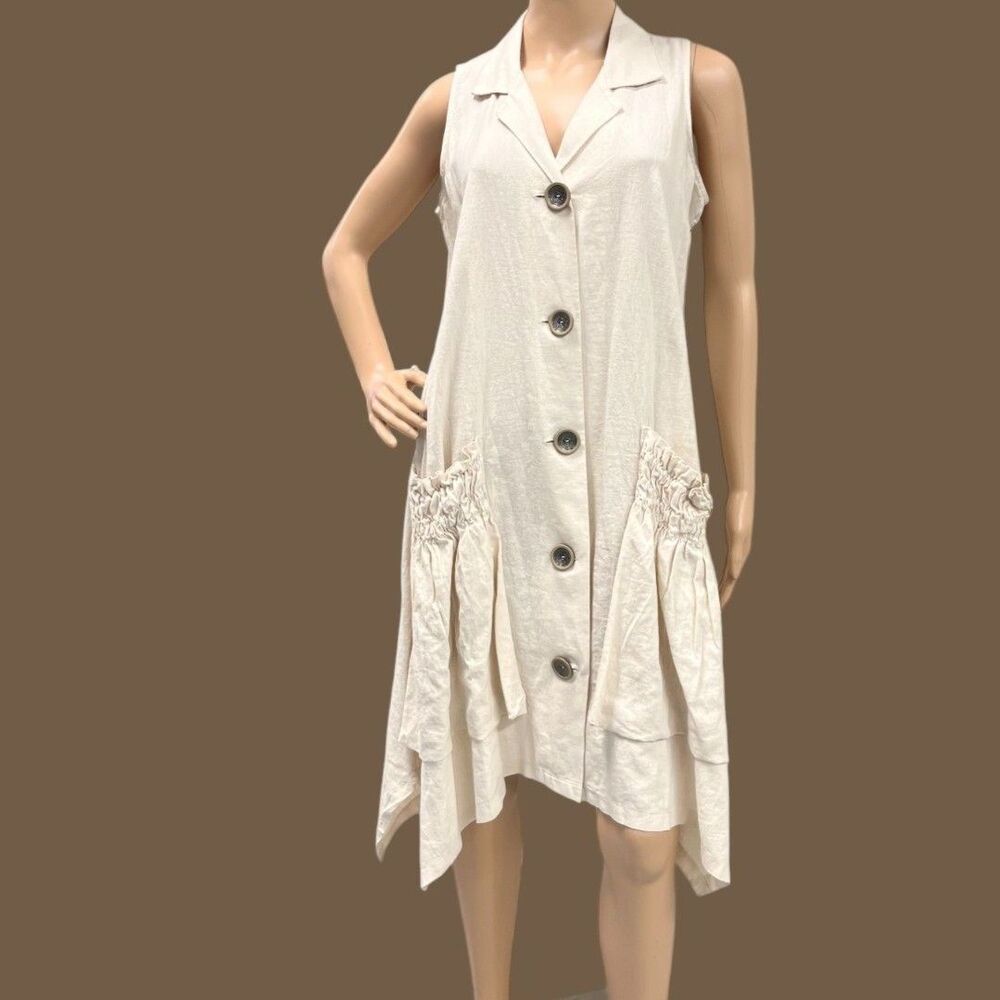 FOR CYNTHIA Linen Blend Shark Bite Hem Shirt Dress Patch Rutched Pockets Sz S